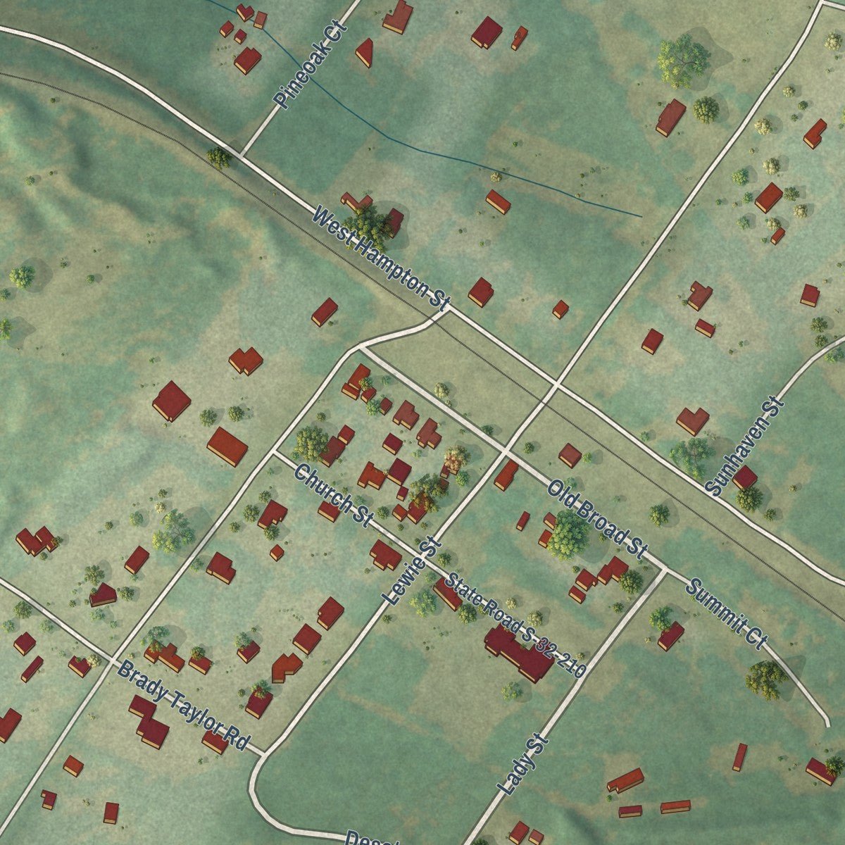 Close-up of the map of Summit, South Carolina print showing street and building detail
