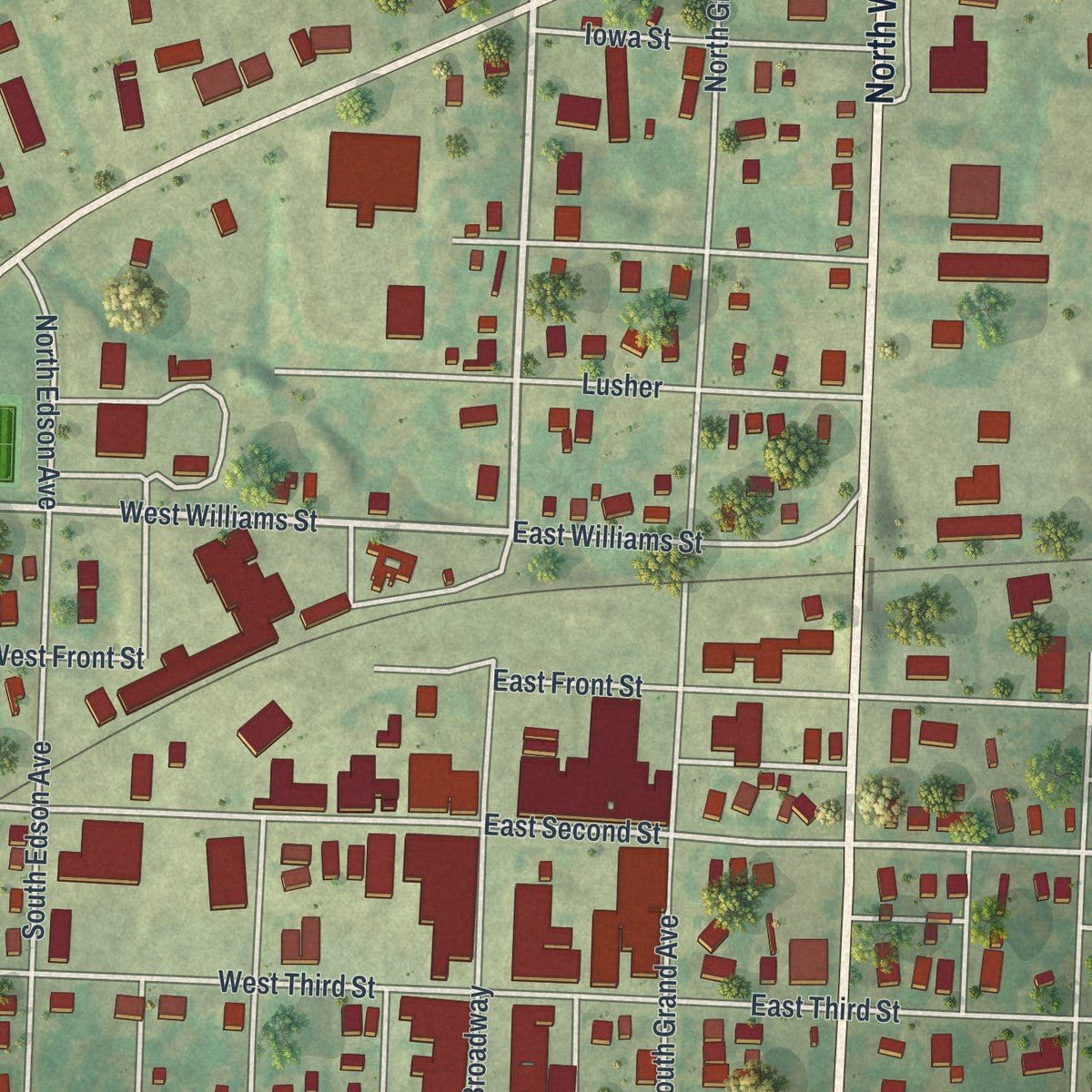 Close-up of the map of Salisbury, Missouri print showing street and building detail