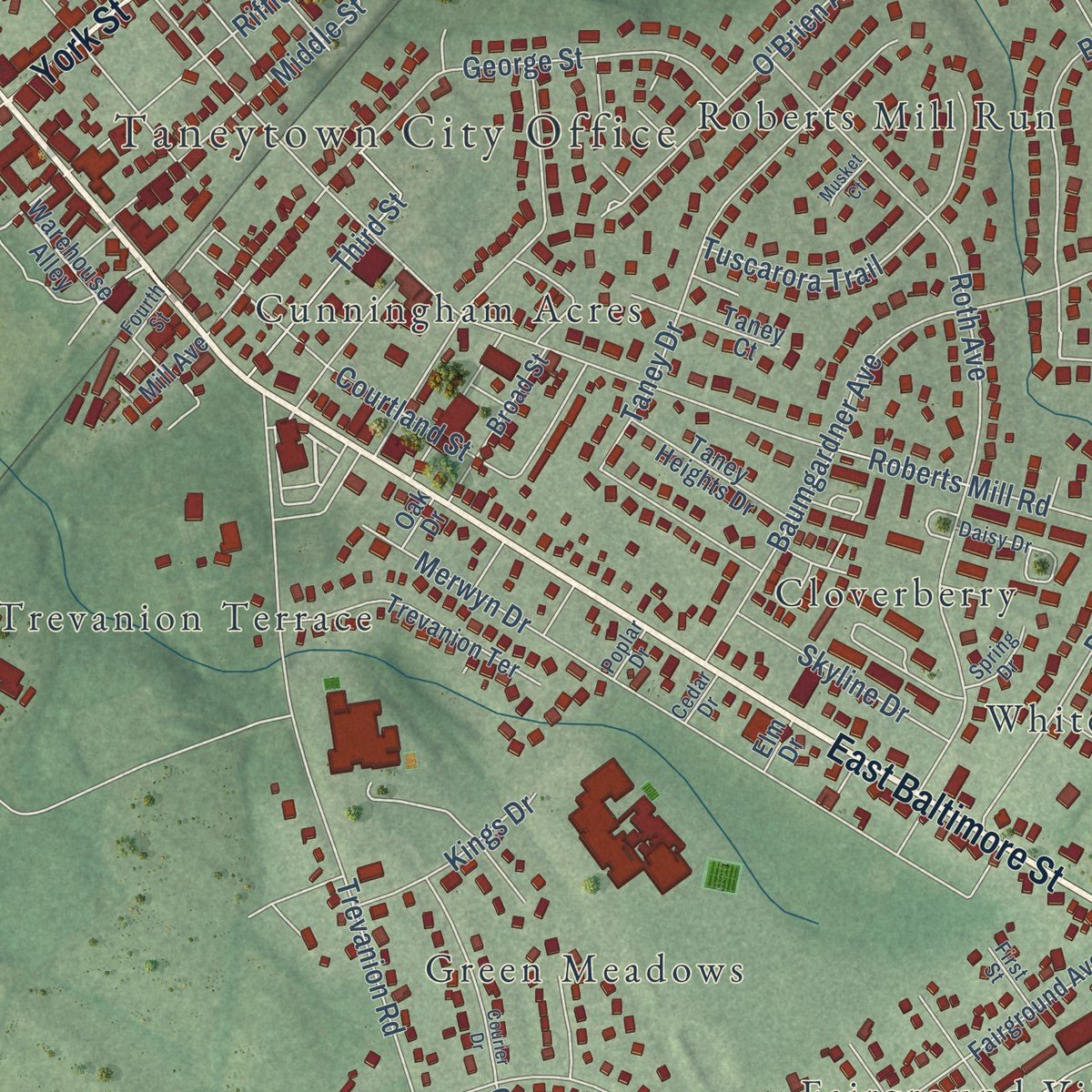 Close-up of the map of Taneytown, Maryland print showing street and building detail