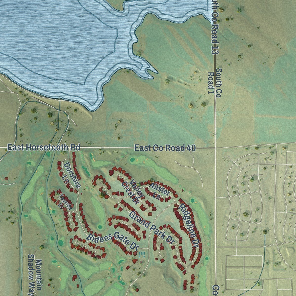 Close-up of the map of Timnath, Colorado print showing street and building detail