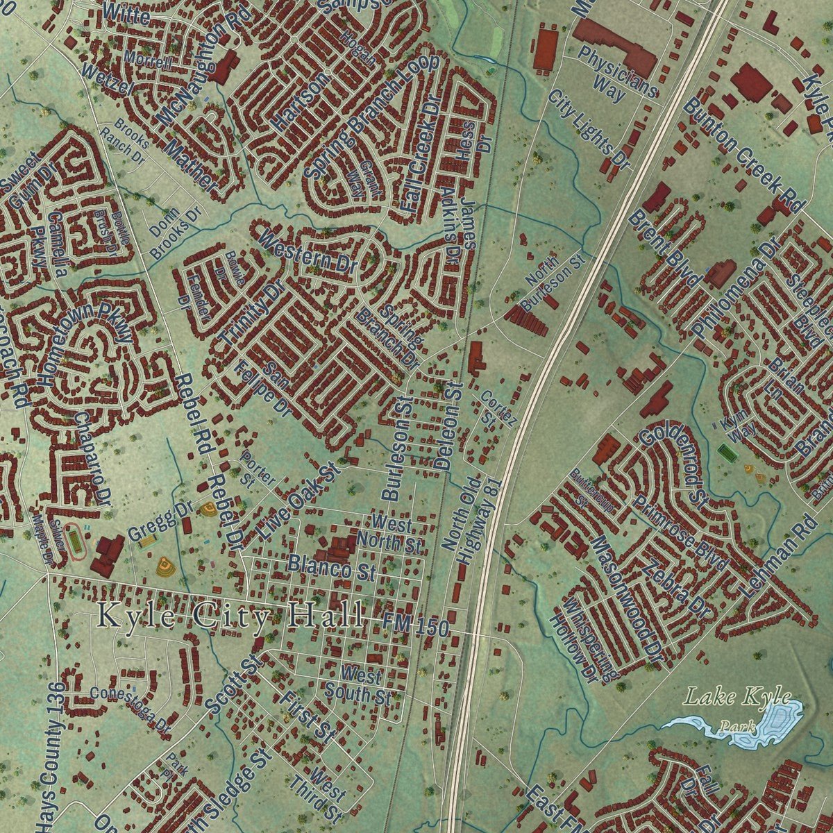 Close-up of the map of Kyle, Texas print showing street and building detail