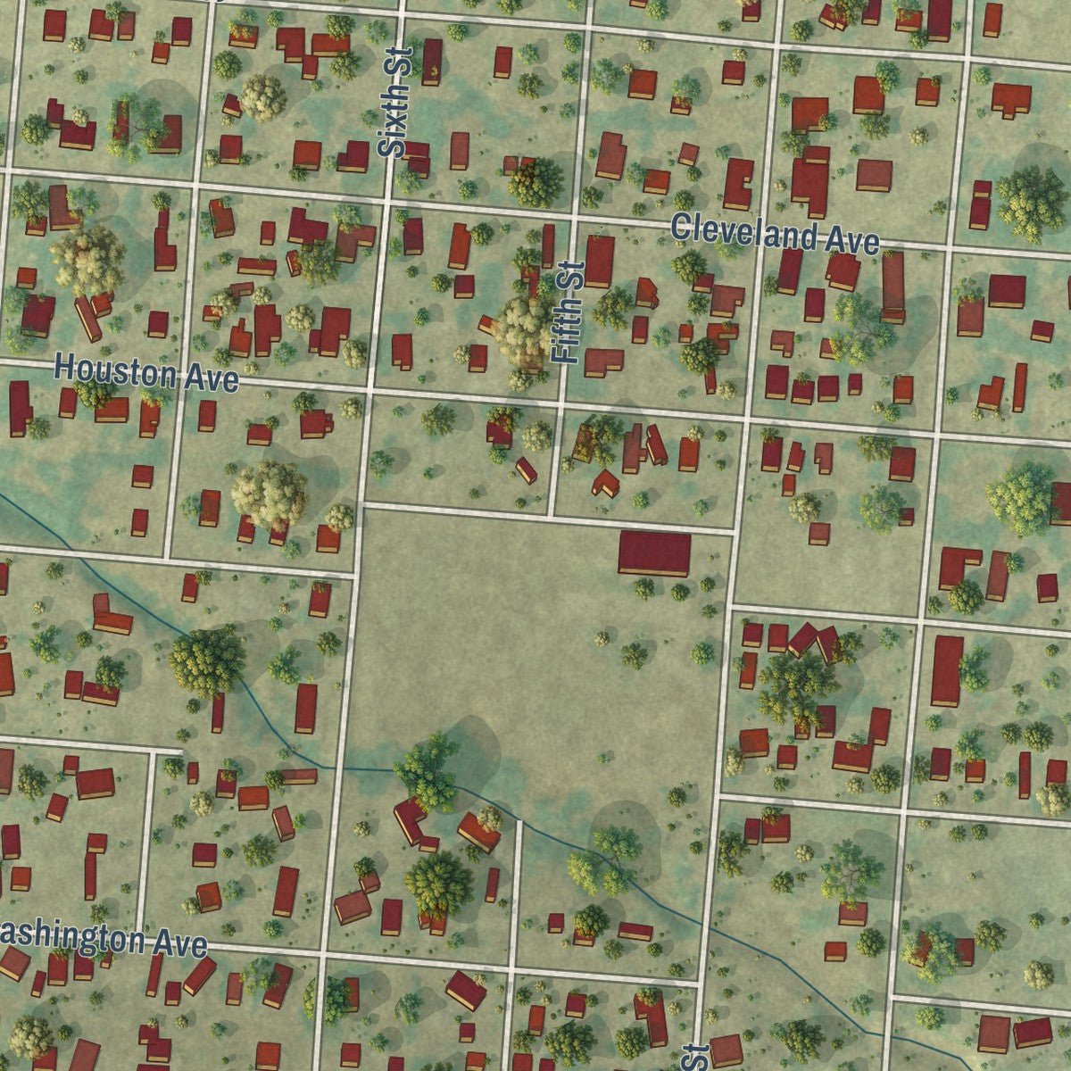 Close-up of the map of Seadrift, Texas print showing street and building detail