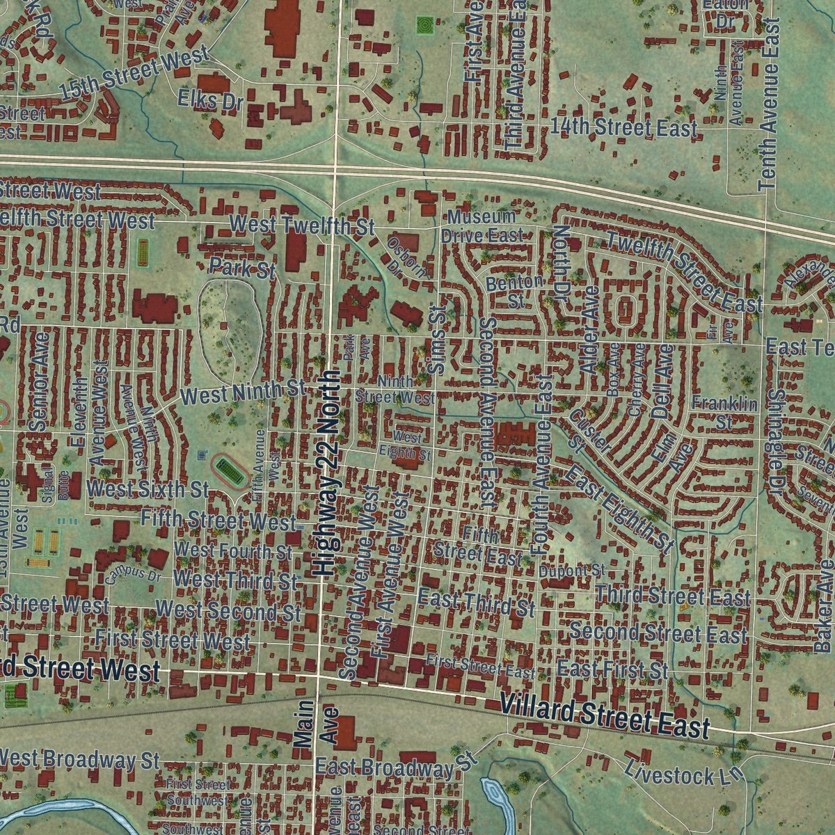 Close-up of the map of Dickinson, North Dakota print showing street and building detail