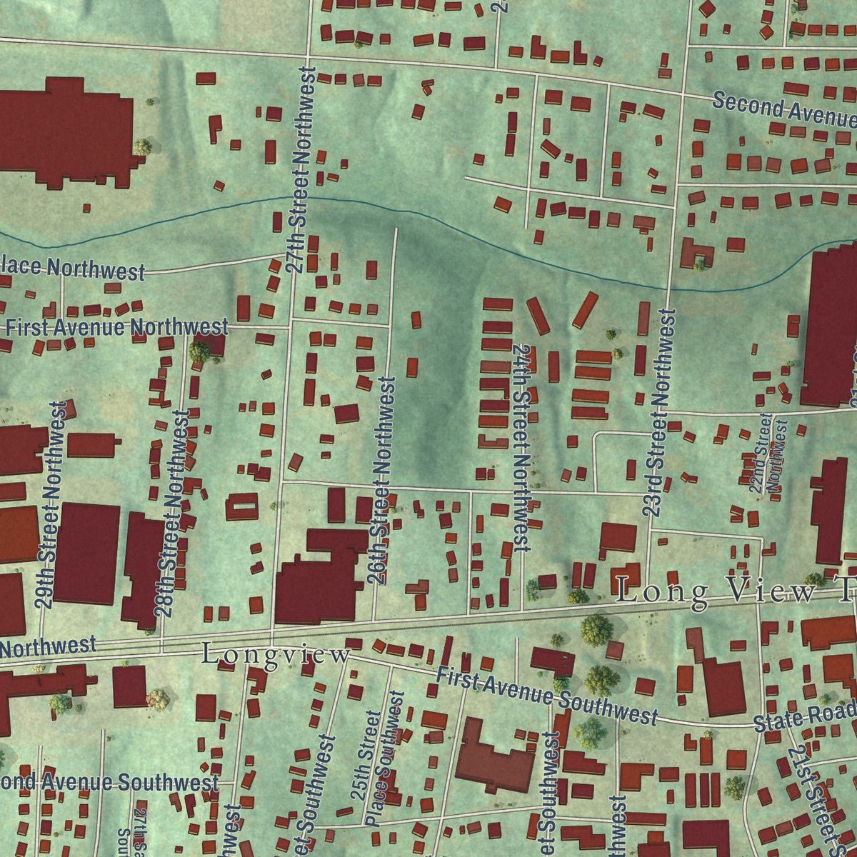 Close-up of the map of Long View, North Carolina print showing street and building detail