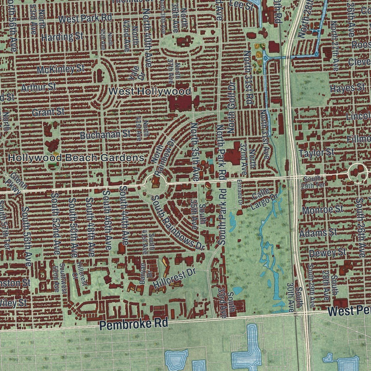 Close-up of the map of Hollywood, Florida print showing street and building detail
