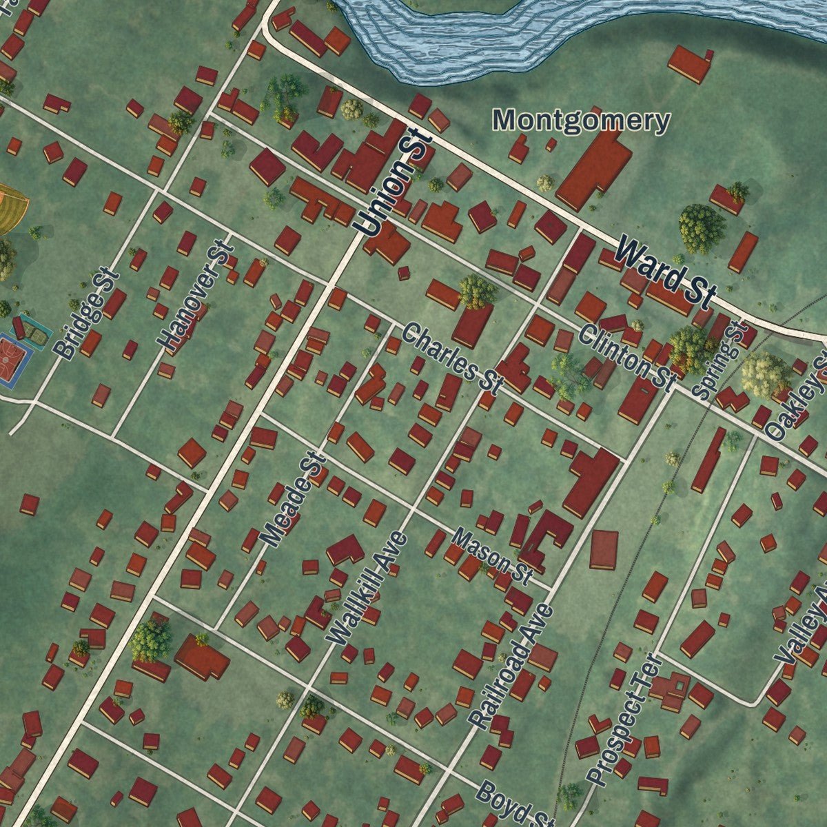 Close-up of the map of the Village of Montgomery, New York print showing street and building detail