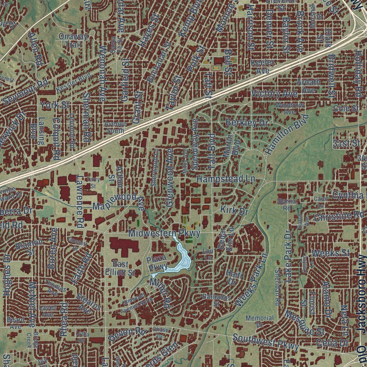 Close-up of the map of Wichita Falls, Texas print showing street and building detail