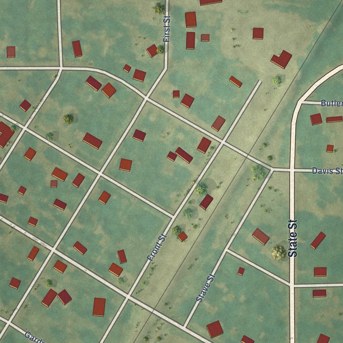 Close-up of the map of Greenway, Arkansas print showing street and building detail