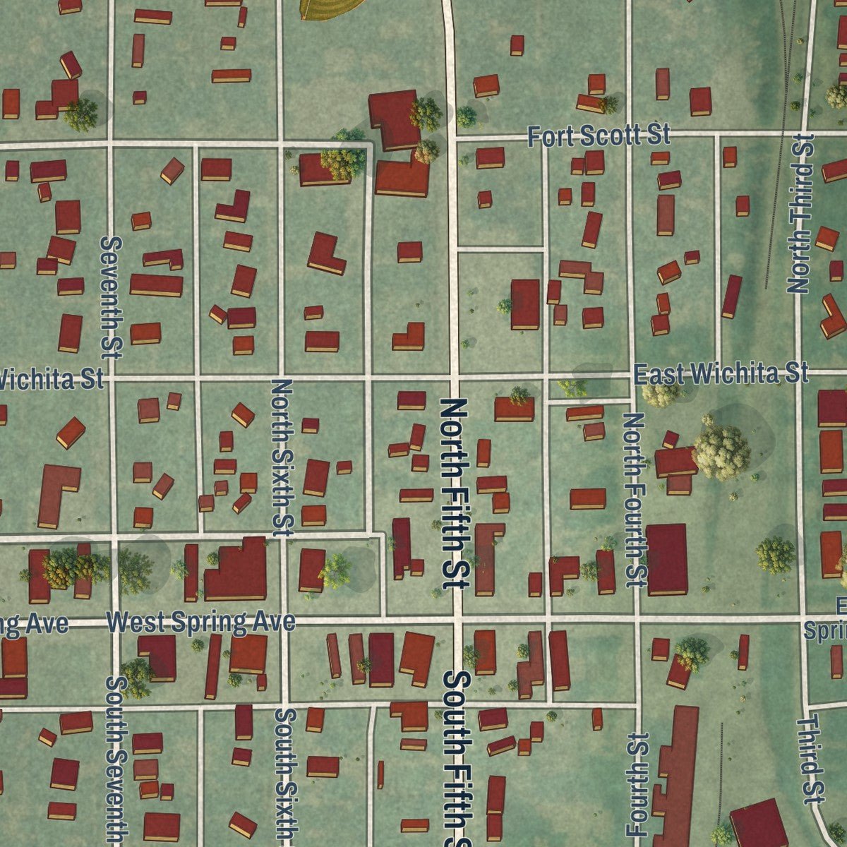 Close-up of the map of Conway Springs, Kansas print showing street and building detail