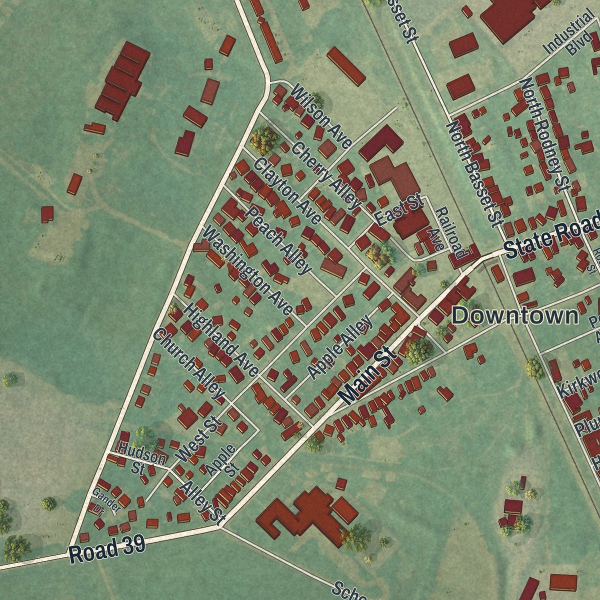 Close-up of the map of Clayton, Delaware print showing street and building detail