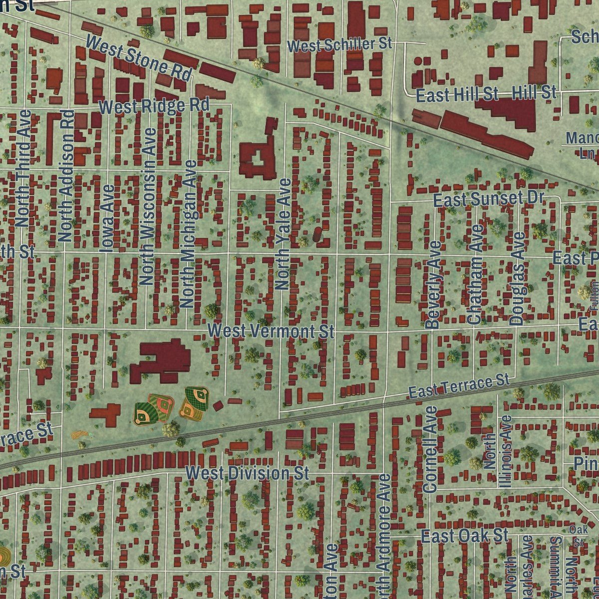 Close-up of the map of Villa Park, Illinois print showing street and building detail