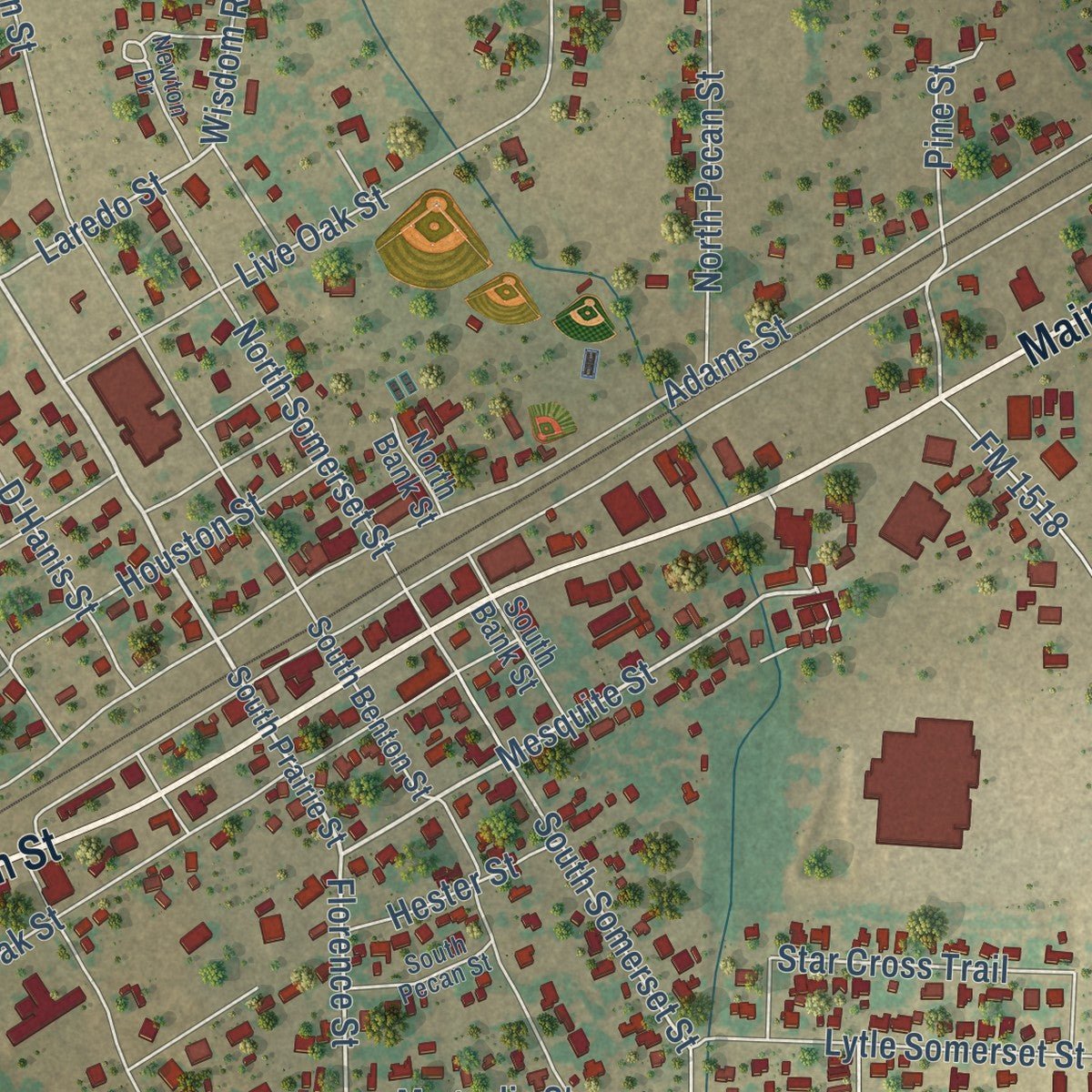 Close-up of the map of Lytle, Texas print showing street and building detail