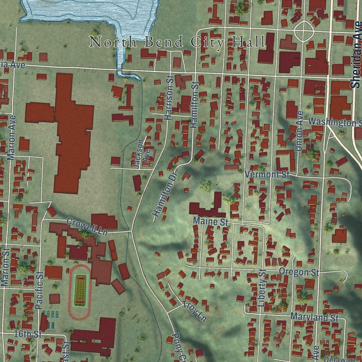 Close-up of the map of North Bend, Oregon print showing street and building detail