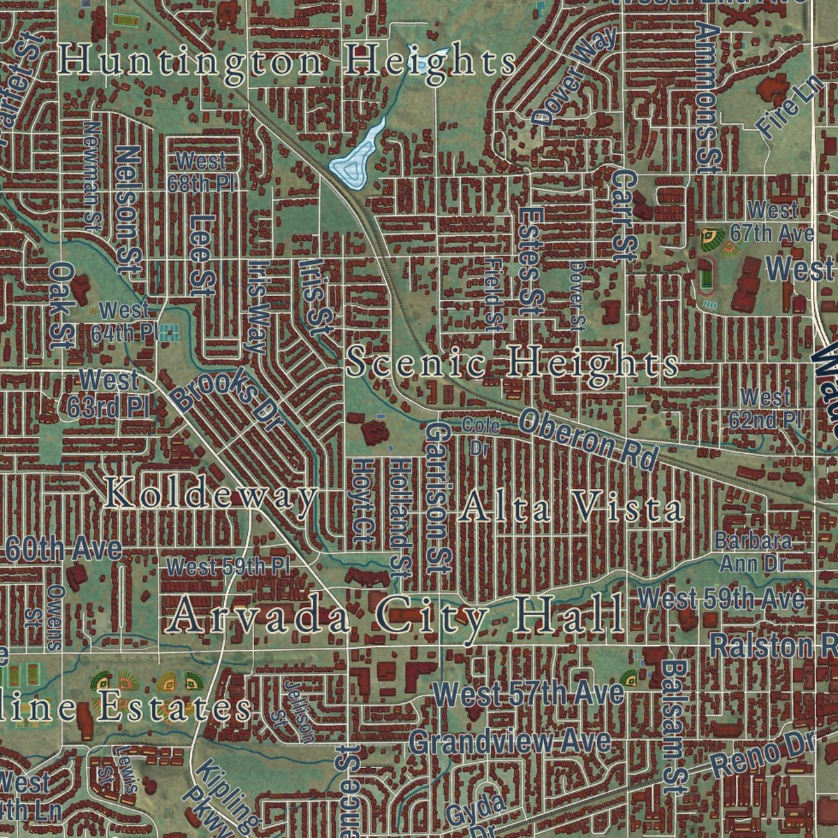 Close-up of the map of Arvada, Colorado print showing street and building detail