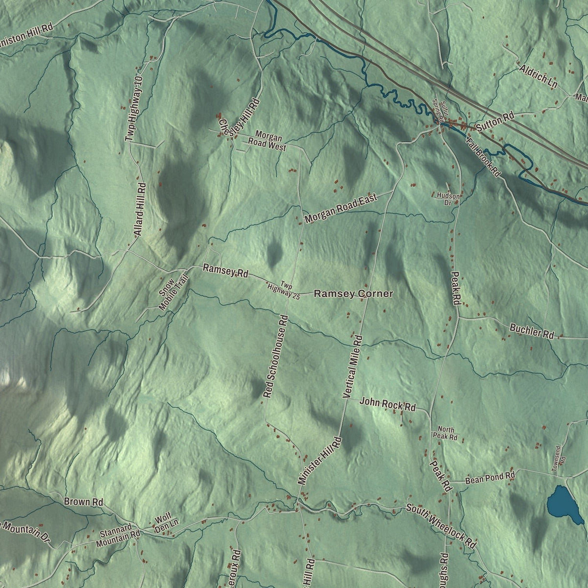 Close-up of the map of Wheelock, Vermont print showing streets and neighborhoods