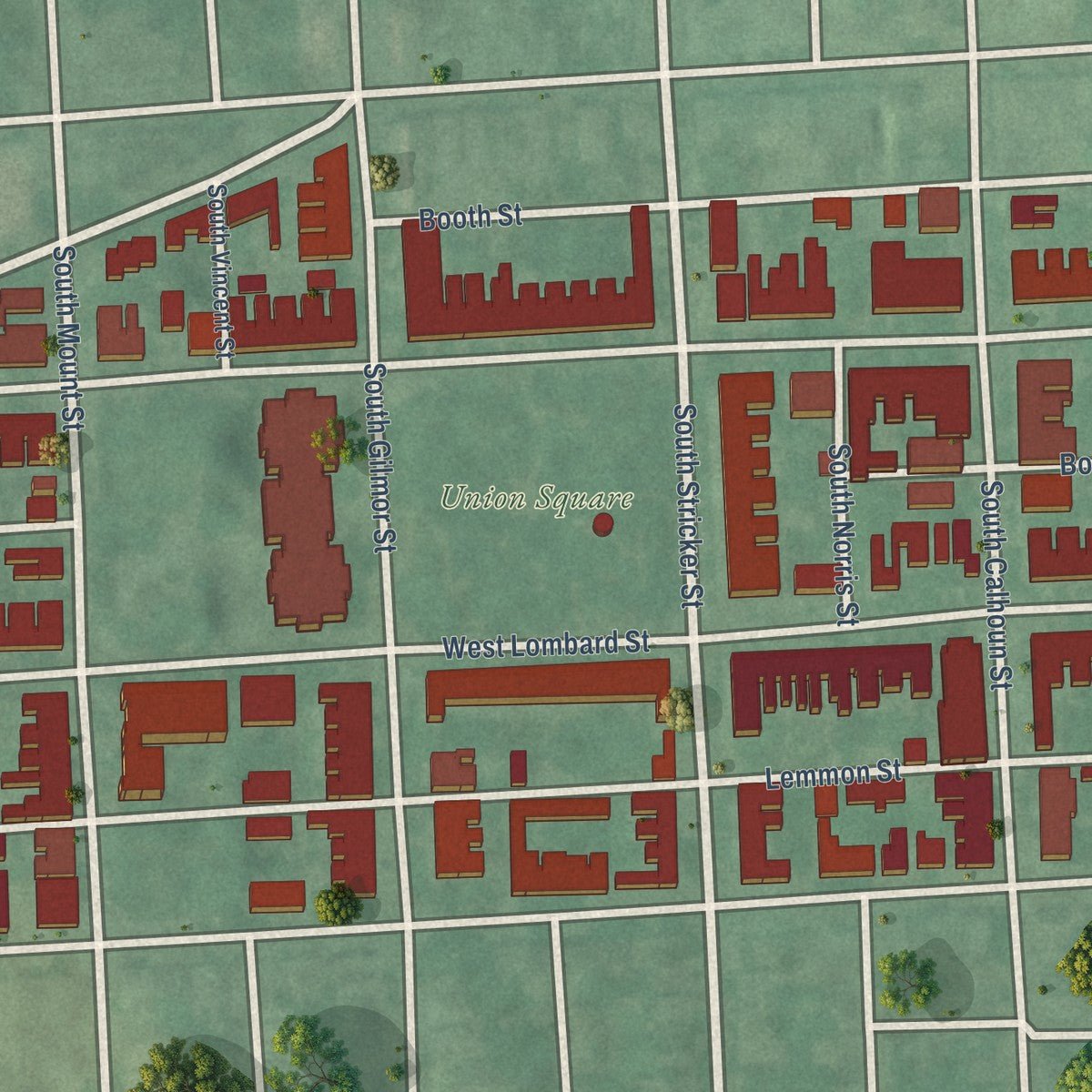 Close-up of the map of Union Square, Maryland print showing street and building detail