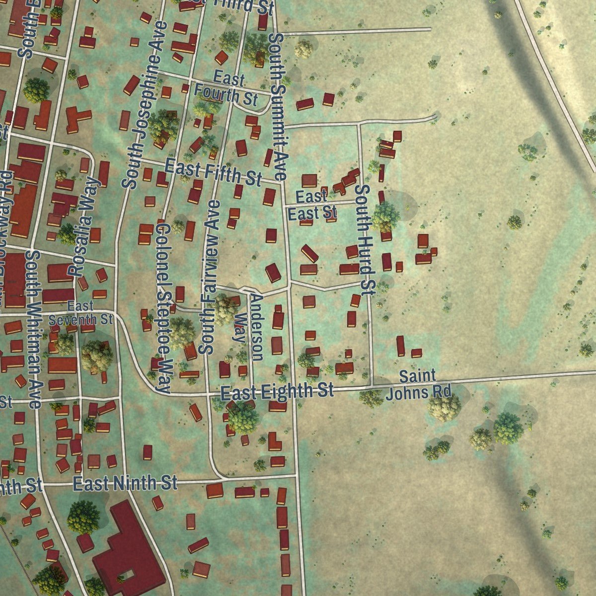 Close-up of the map of Rosalia, Washington print showing street and building detail