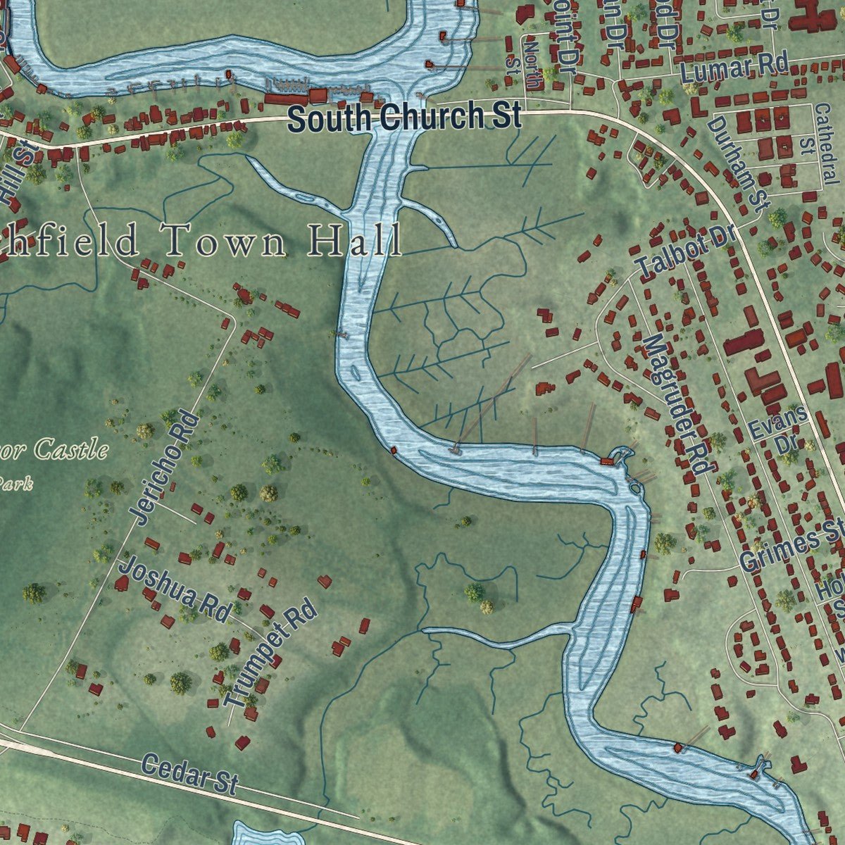 Close-up of the map of Smithfield, Virginia print showing street and building detail