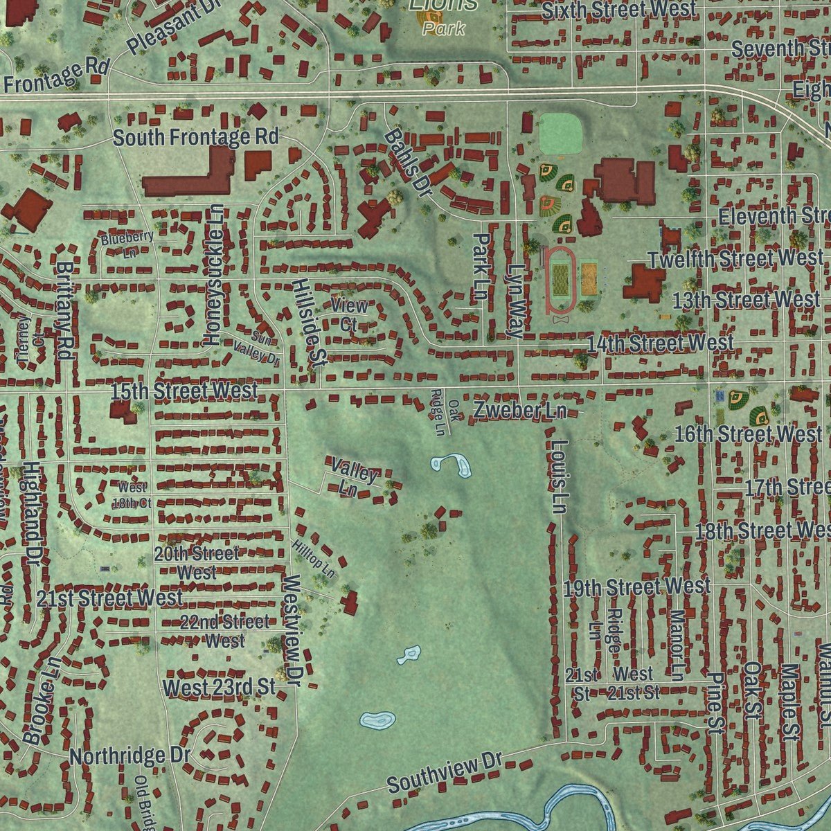 Close-up of the map of Hastings, Minnesota print showing street and building detail