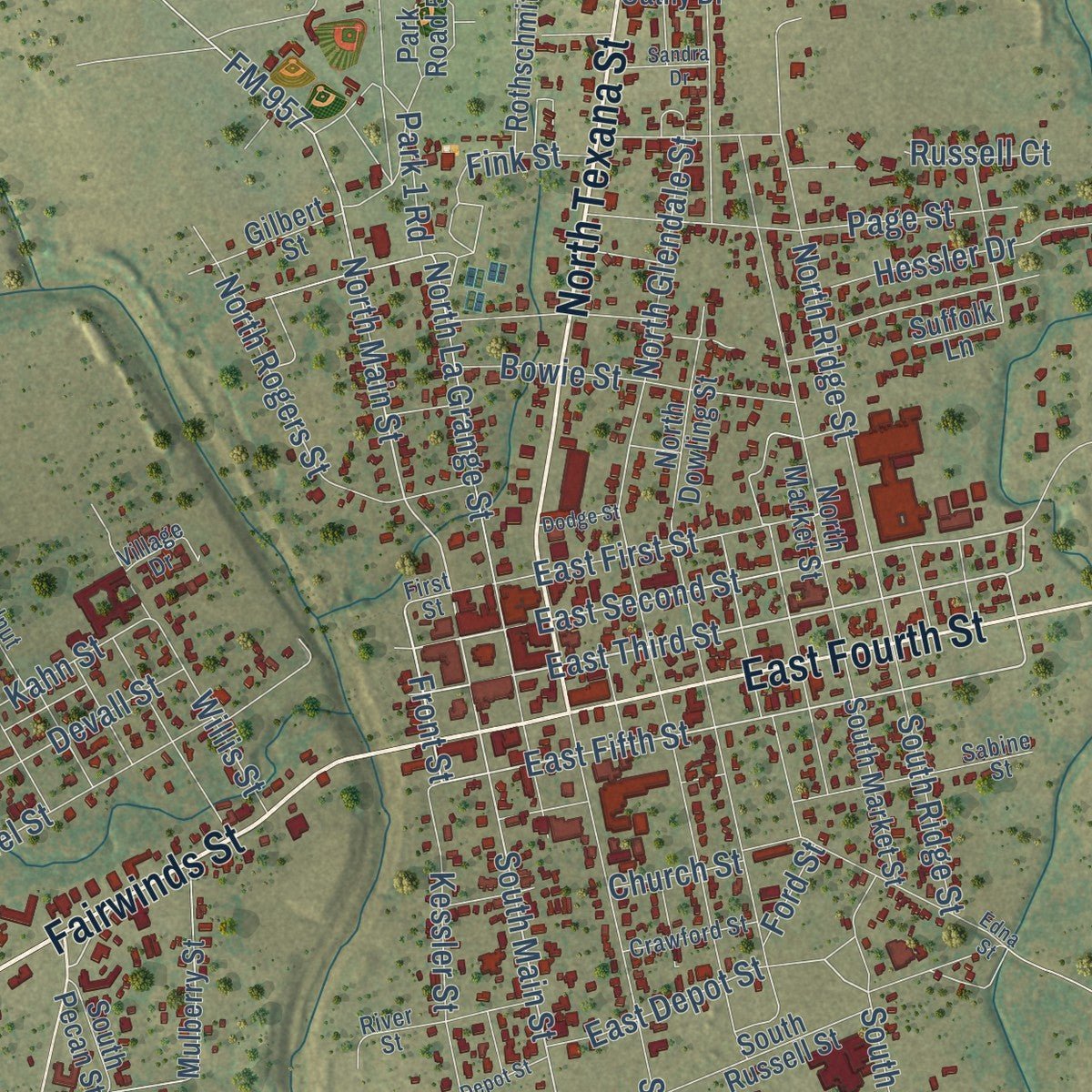 Close-up of the map of Hallettsville, Texas print showing street and building detail