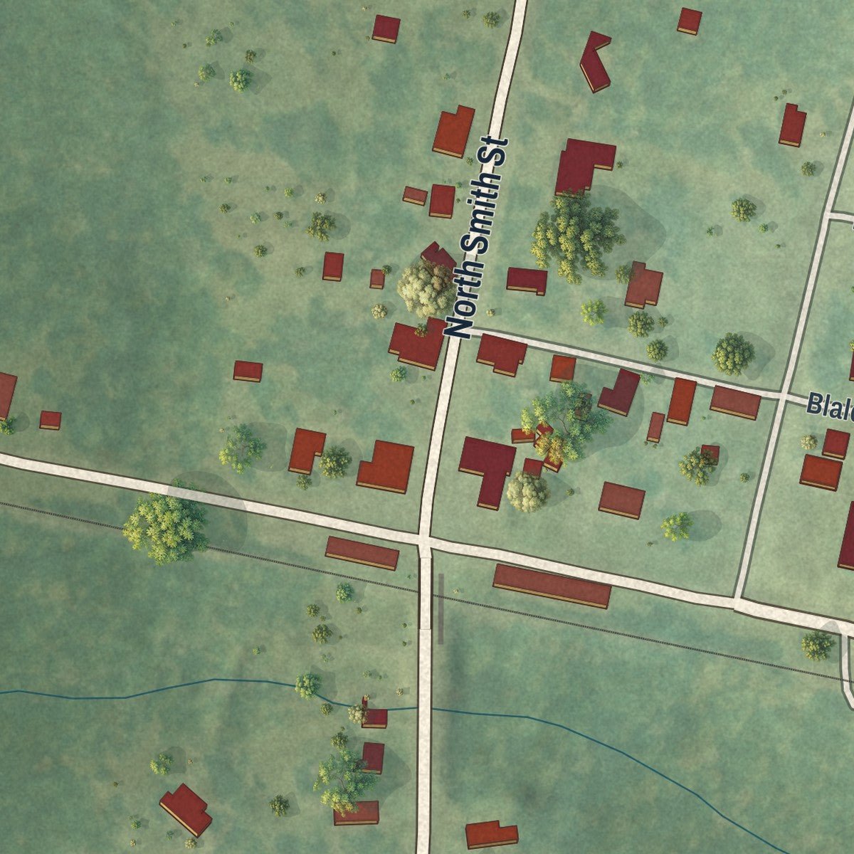 Close-up of the map of Bellville, Georgia print showing street and building detail