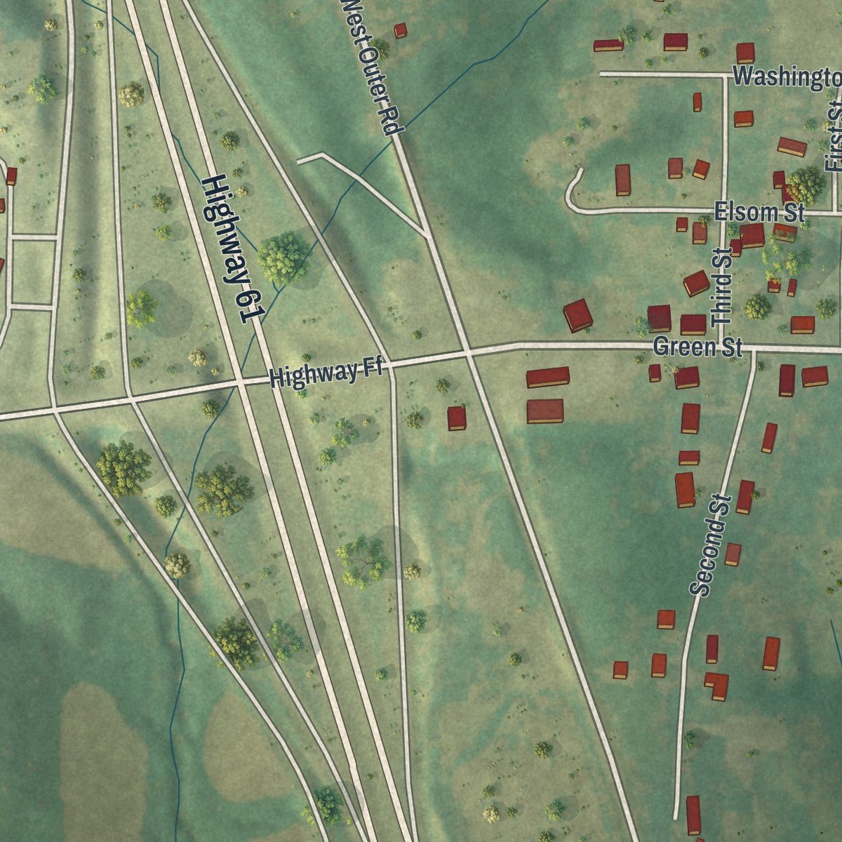 Close-up of the map of Eolia, Missouri print showing street and building detail