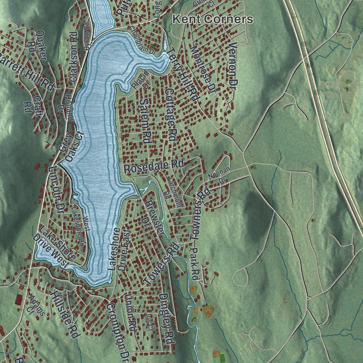 Close-up of the map of Kent, New York print showing street and building detail