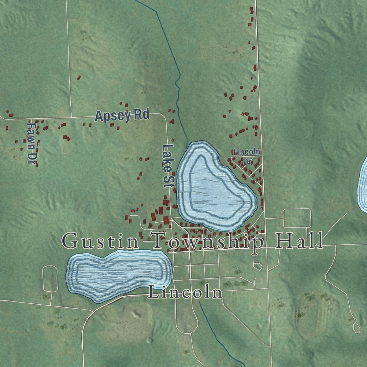 Close-up of the map of Hawes, Michigan print showing street and building detail