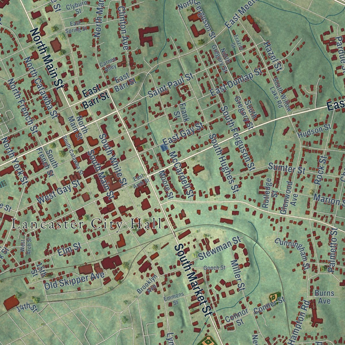 Close-up of the map of Lancaster, South Carolina print showing street and building detail