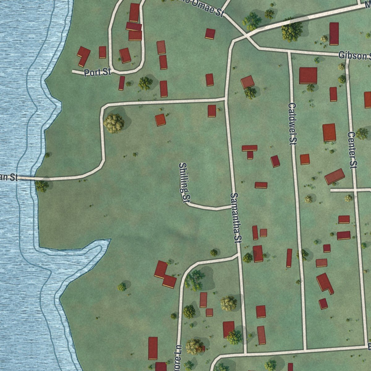 Close-up of the map of McCord Bend, Missouri print showing street and building detail