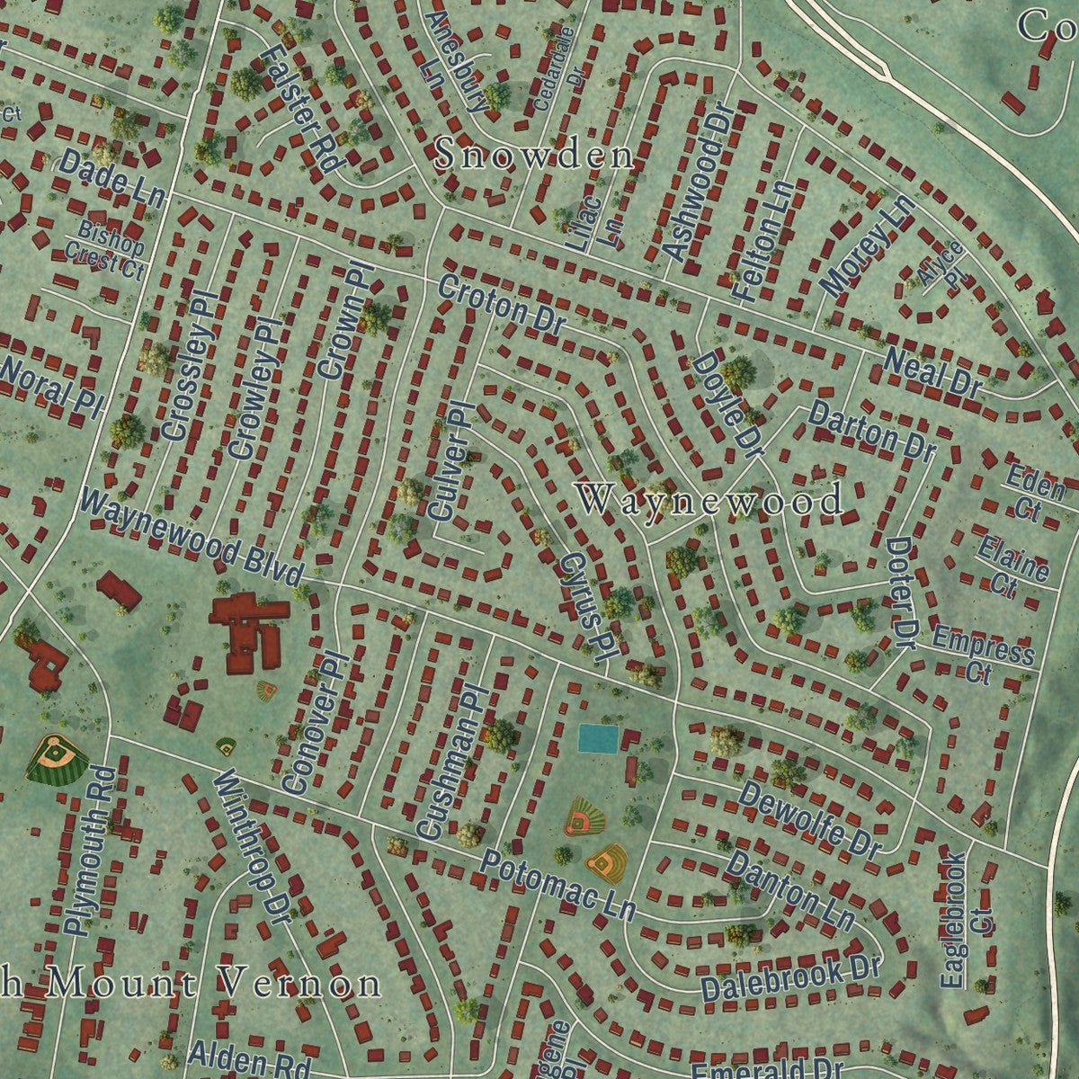 Close-up of the map of Fort Hunt, Virginia print showing street and building detail