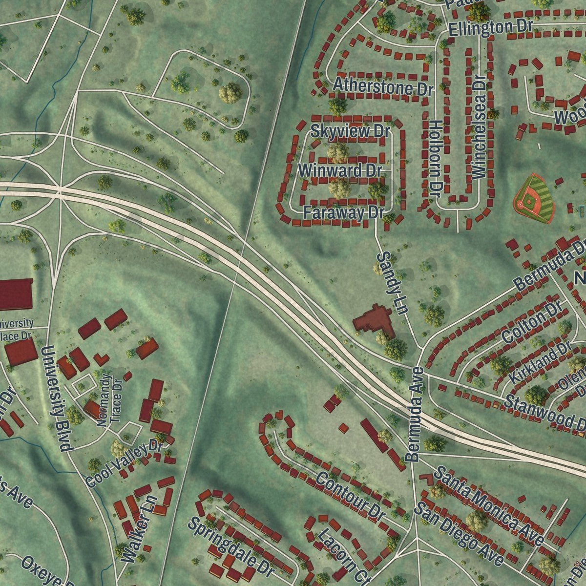 Close-up of the map of Normandy, Missouri print showing street and building detail