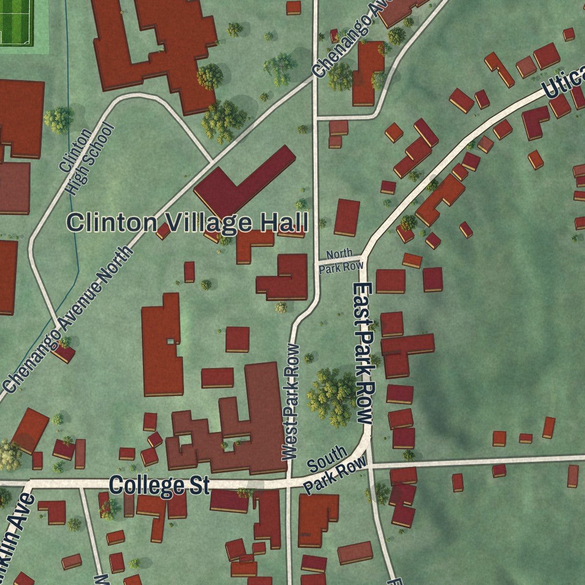 Close-up of the map of Clinton, New York print showing street and building detail