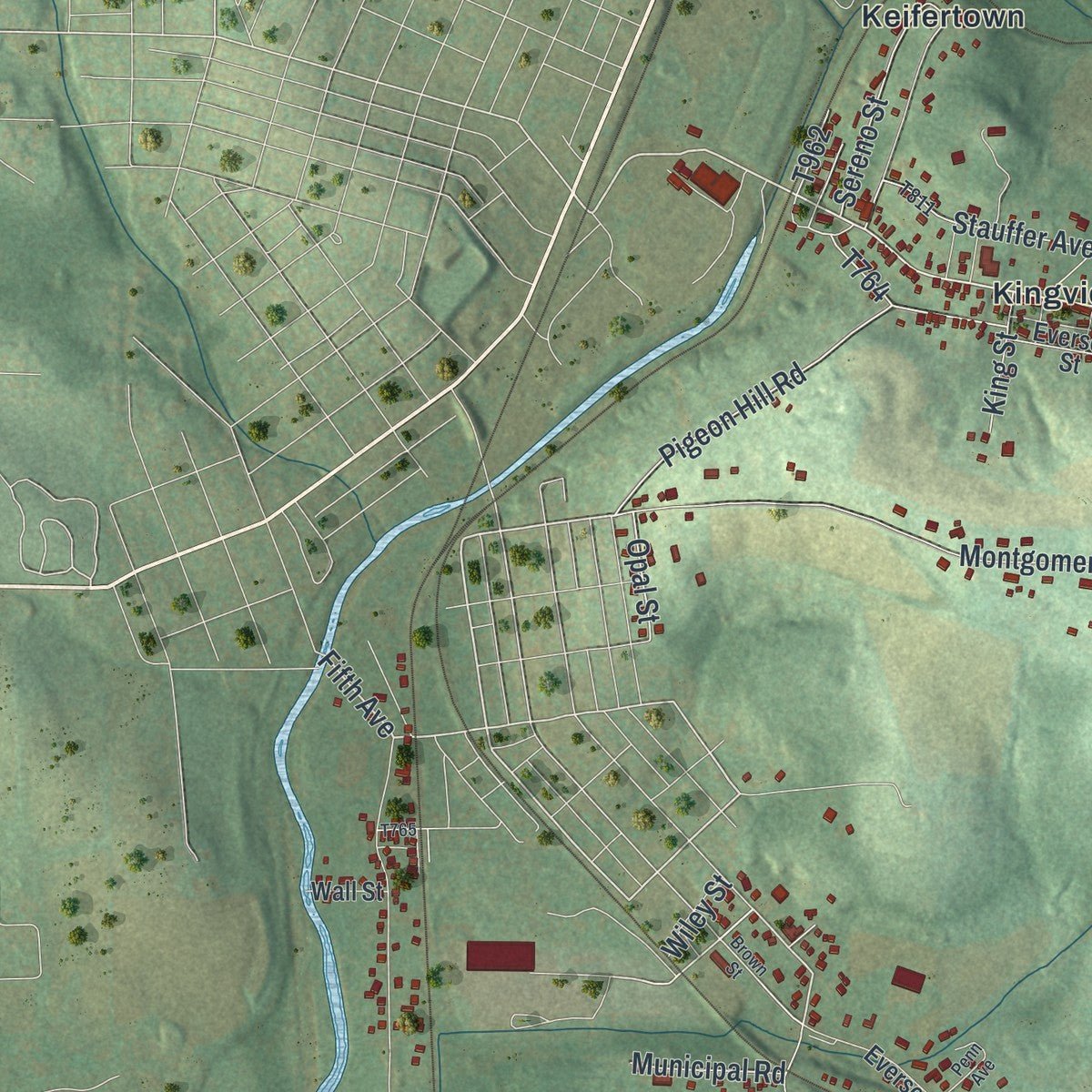 Close-up of the map of Upper Tyrone, Pennsylvania print showing street and building detail