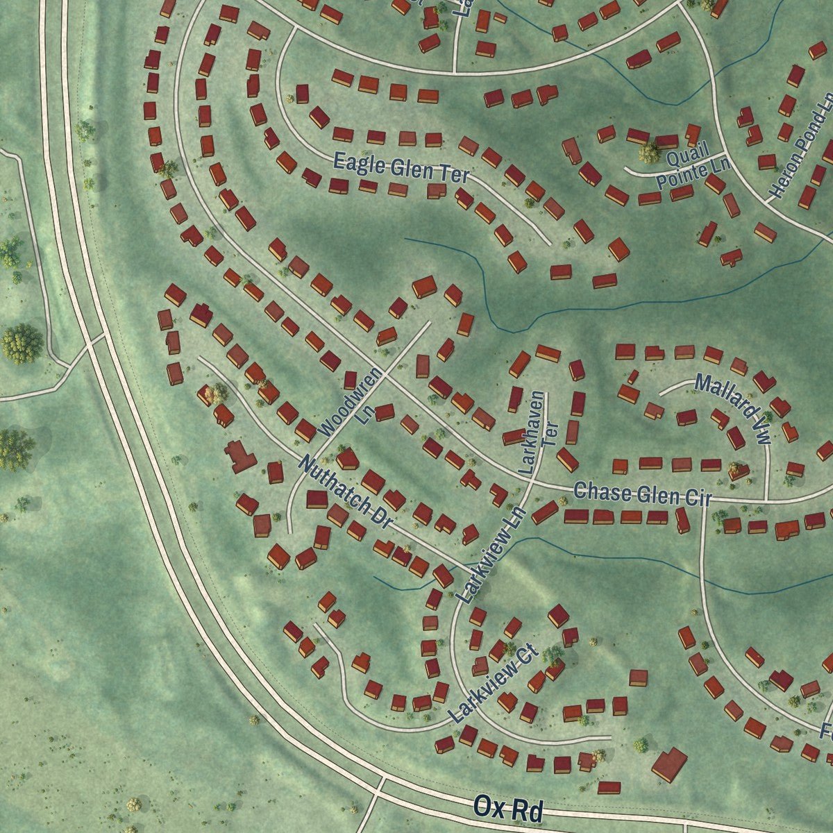 Close-up of the map of Crosspointe, Virginia print showing street and building detail