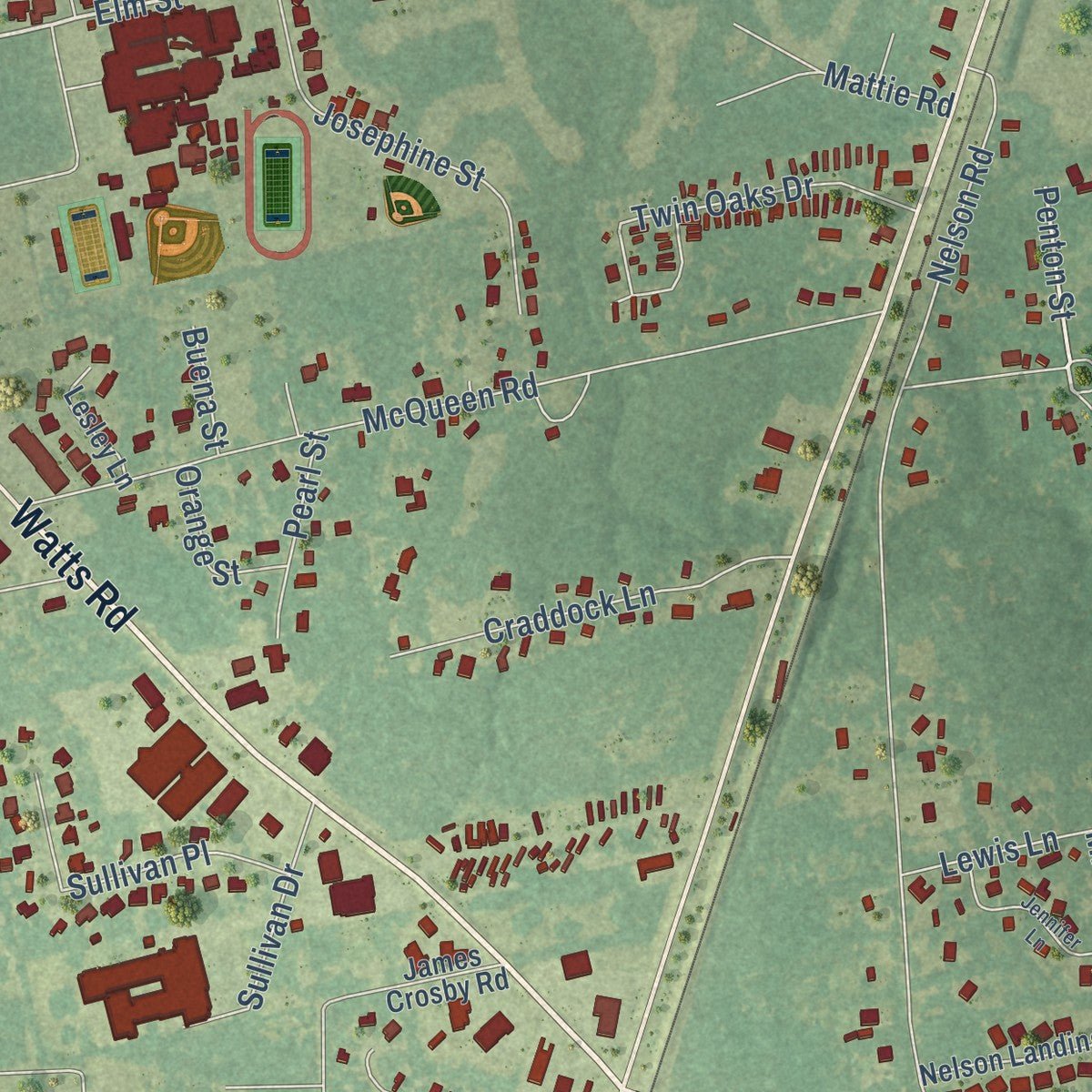 Close-up of the map of Pearl River, Louisiana print showing street and building detail