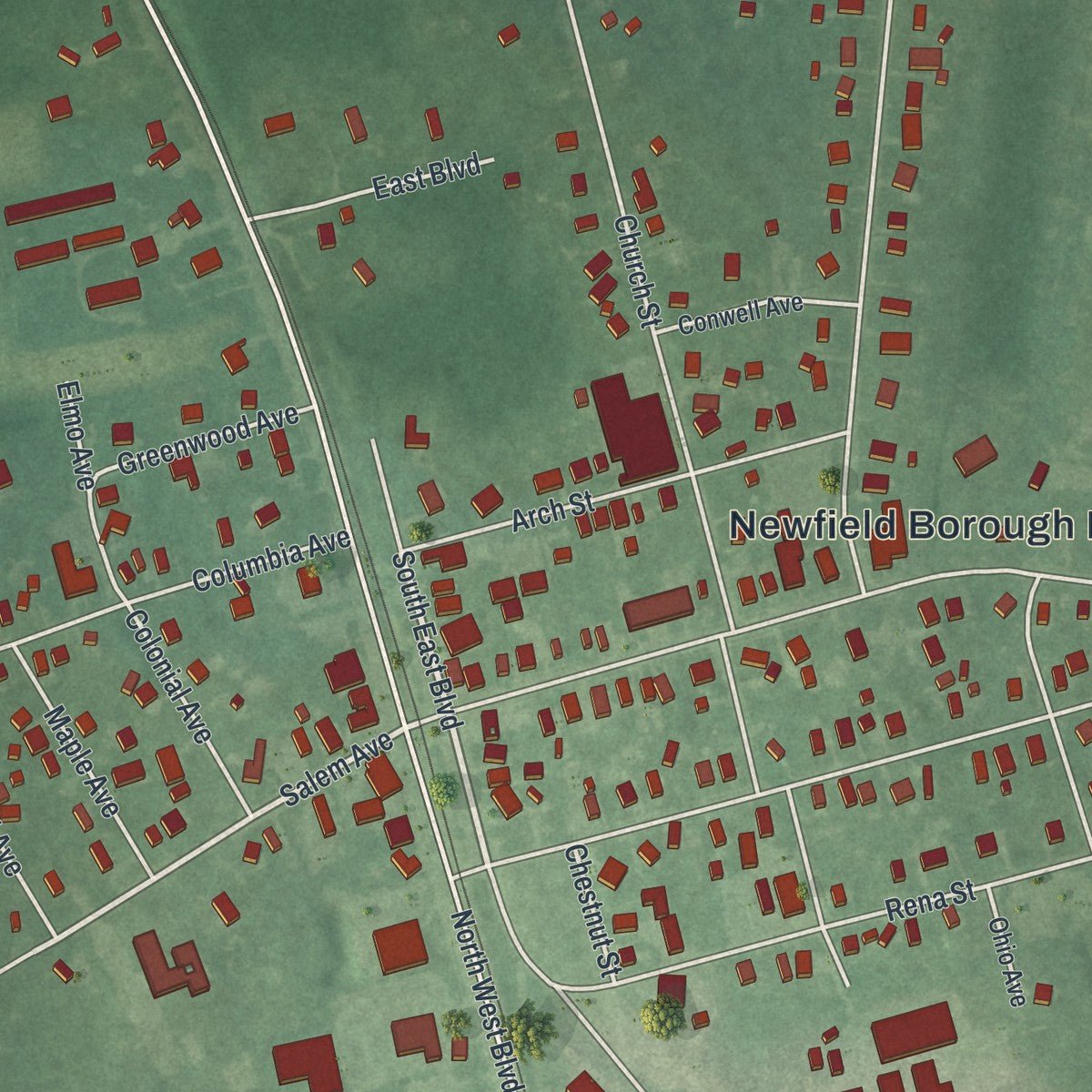 Close-up of the map of Newfield, New Jersey print showing street and building detail