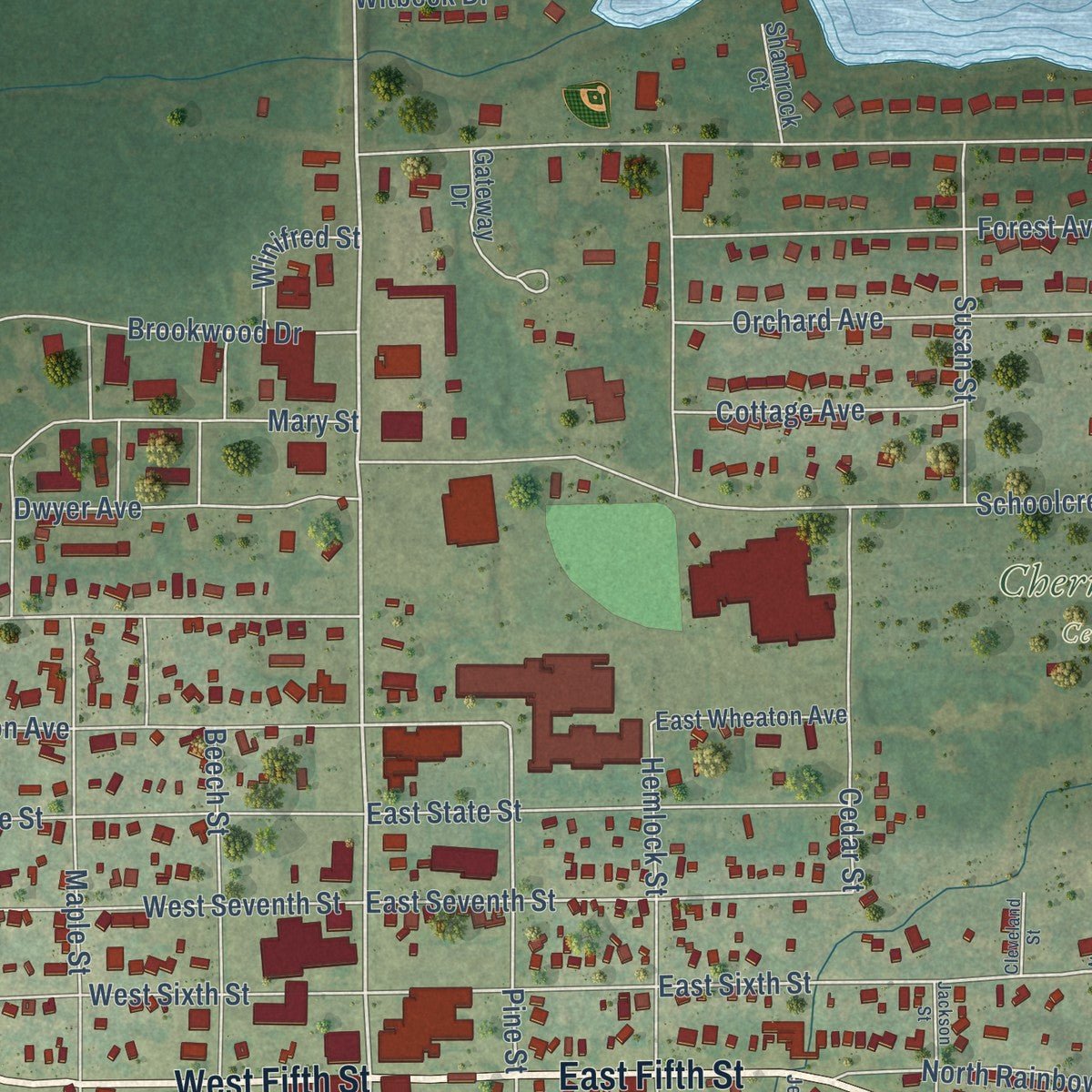 Close-up of the map of Clare, Michigan print showing street and building detail
