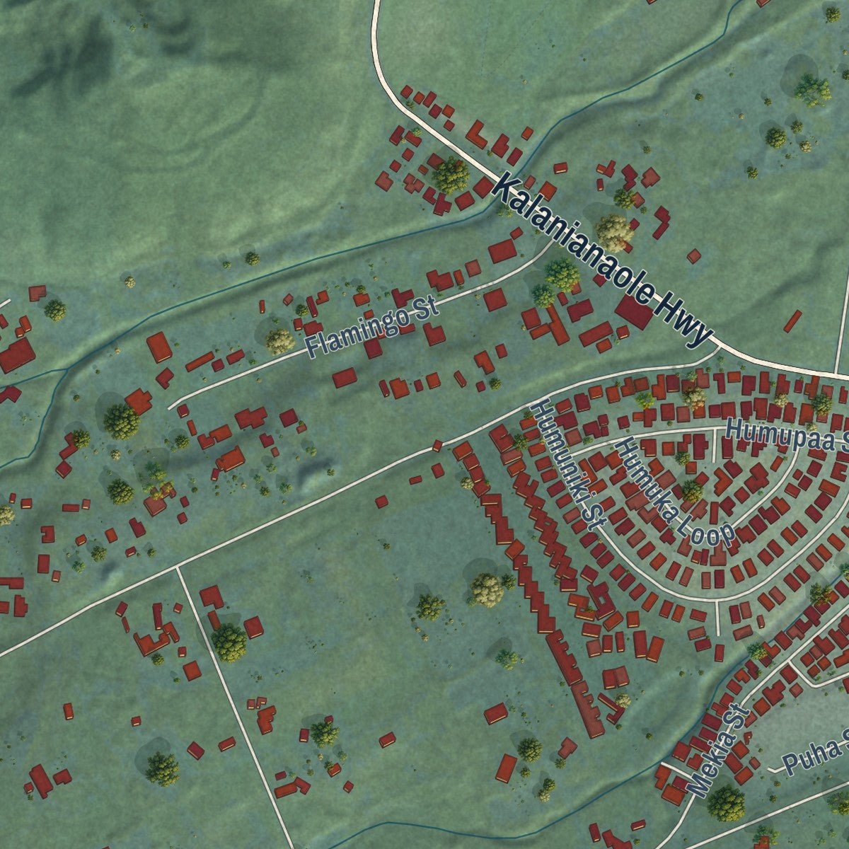 Close-up of the map of Waimanalo, Hawaii print showing street and building detail