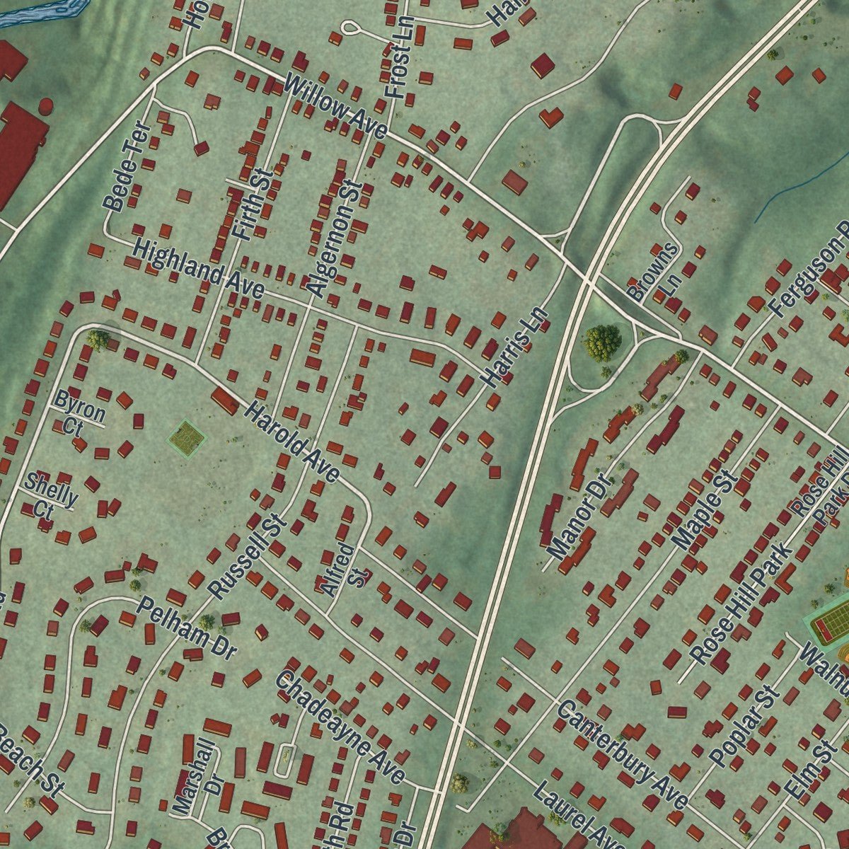 Close-up of the map of Firthcliffe, New York print showing street and building detail