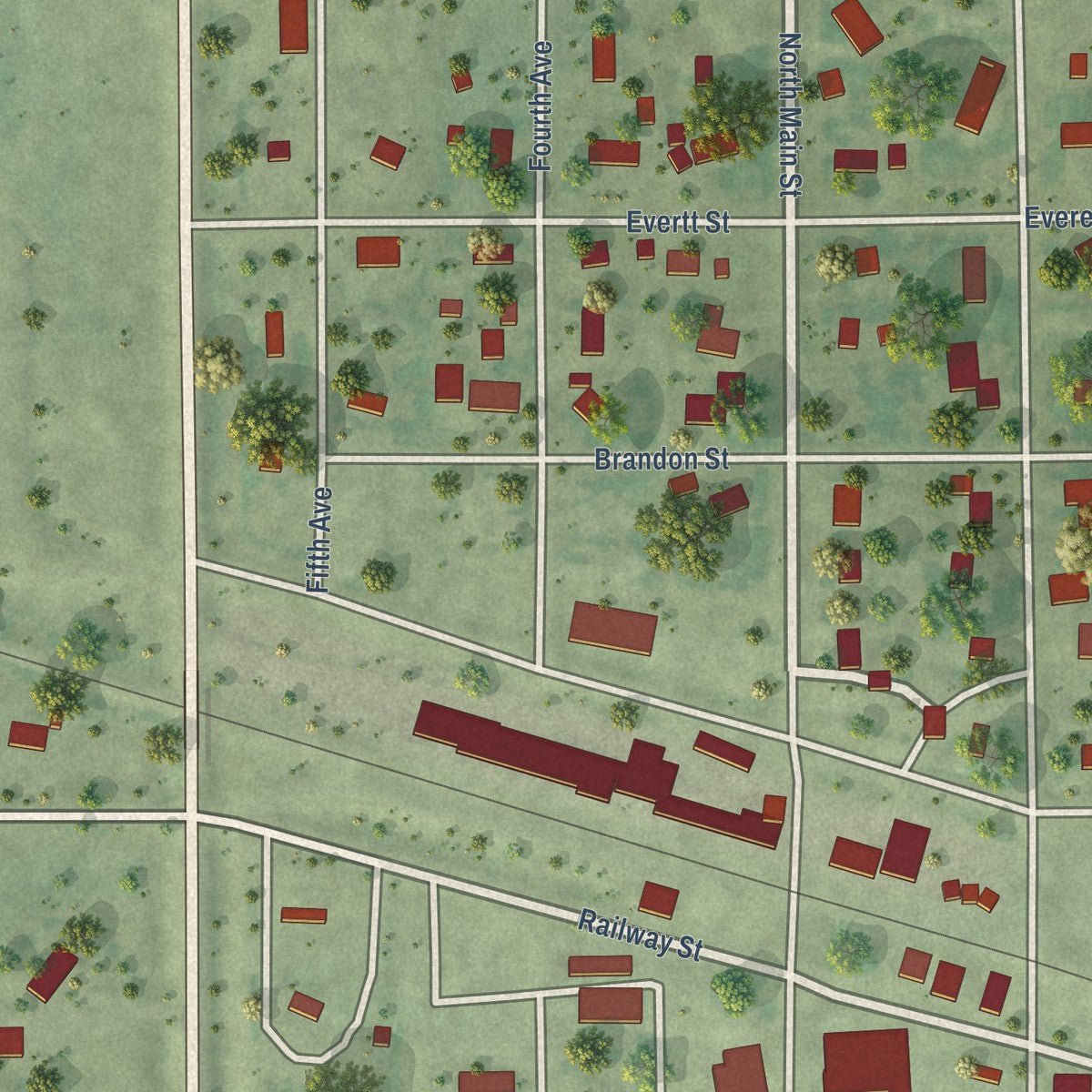 Close-up of the map of Kennebec, South Dakota print showing street and building detail