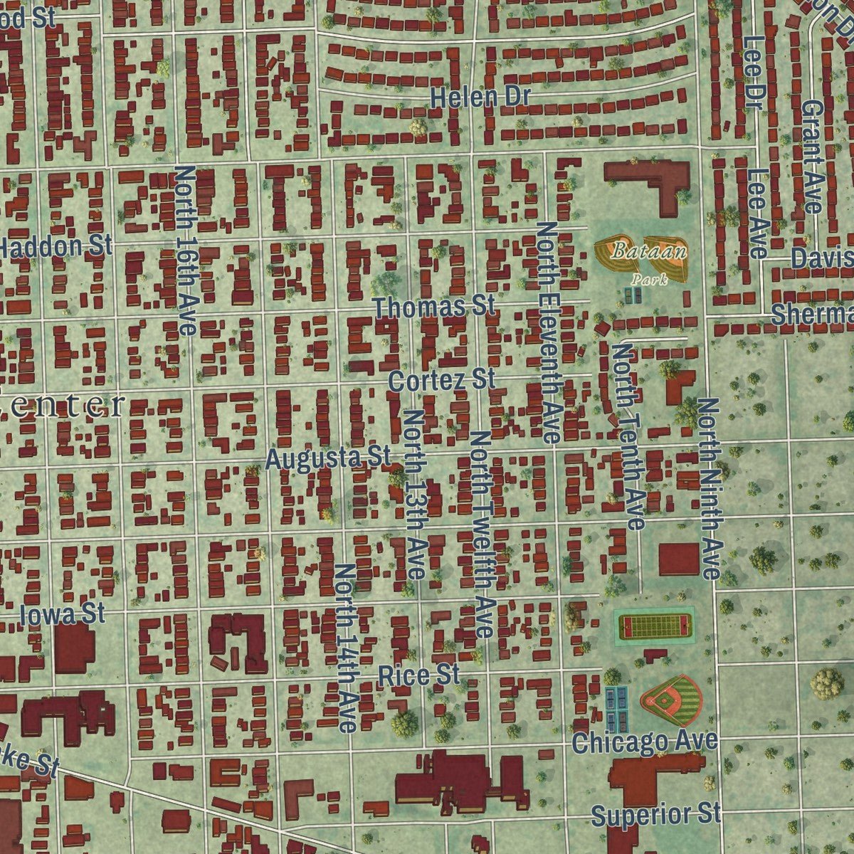 Close-up of the map of Melrose Park, Illinois print showing street and building detail