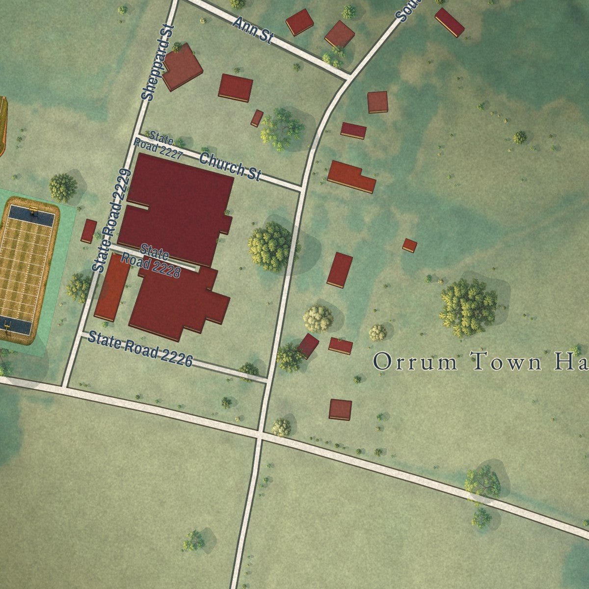 Close-up of the map of Orrum, North Carolina print showing street and building detail