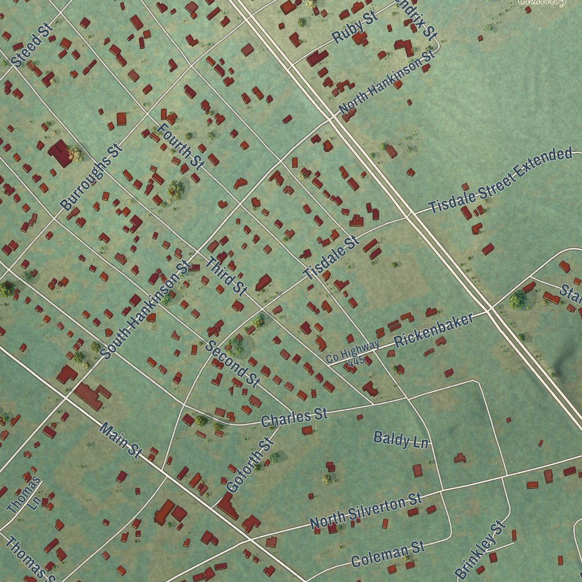 Close-up of the map of Jackson, South Carolina print showing street and building detail