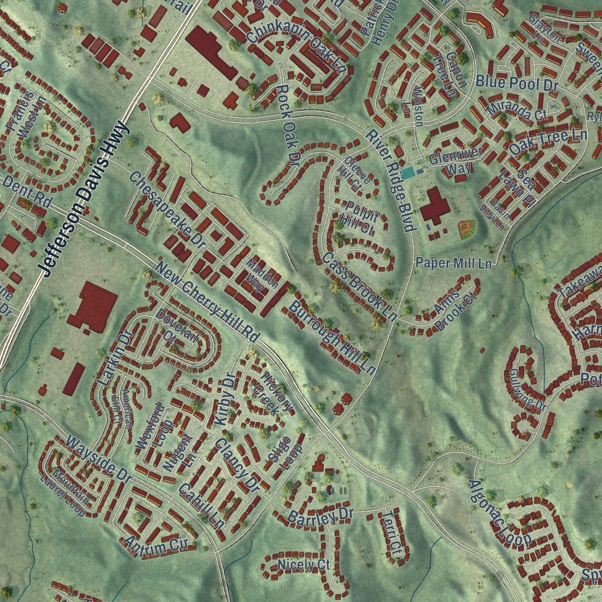 Close-up of the map of Cherry Hill, Virginia print showing street and building detail