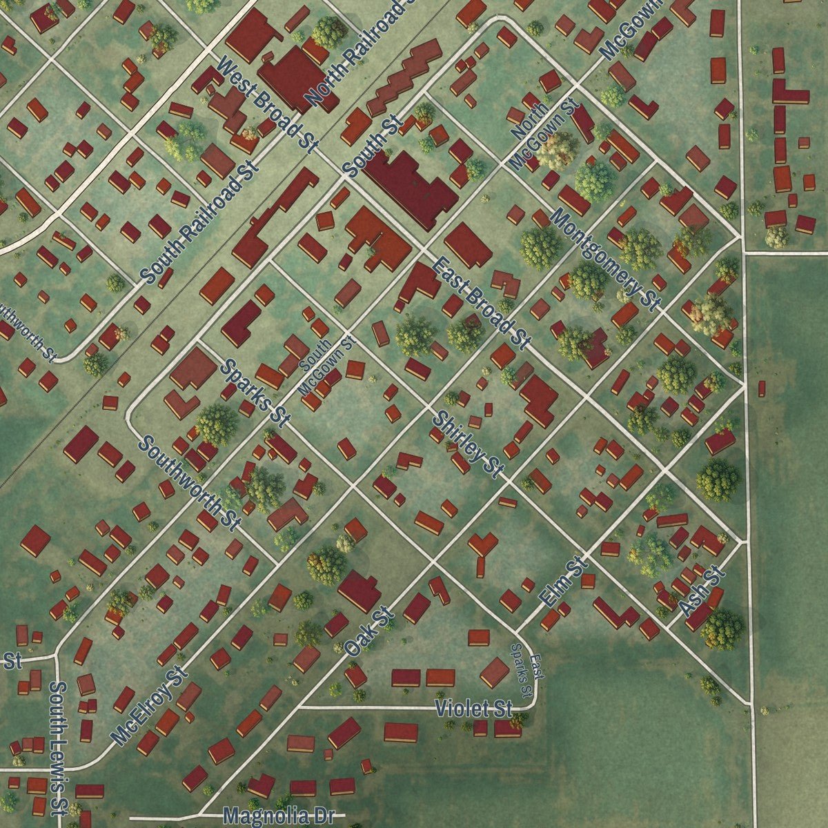 Close-up of the map of Raymond, Illinois print showing street and building detail
