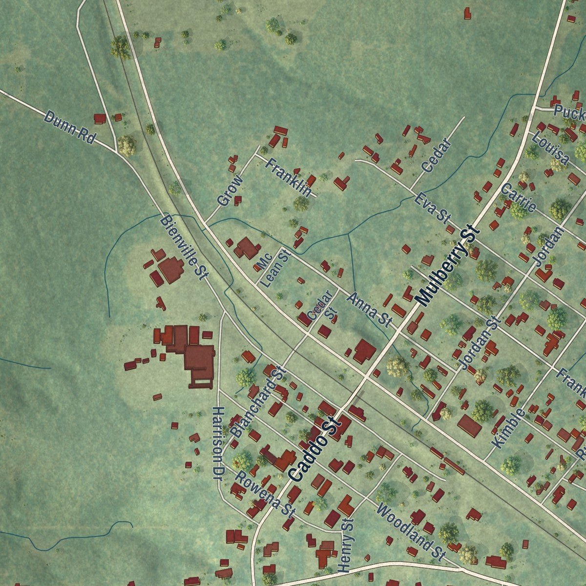 Close-up of the map of Montgomery, Louisiana print showing street and building detail
