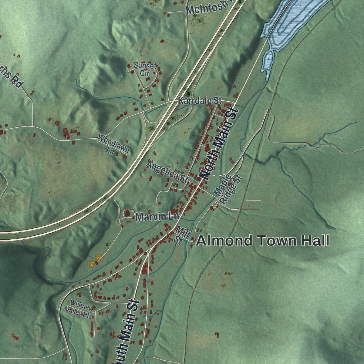 Close-up of the map of Almond, New York print showing street and building detail