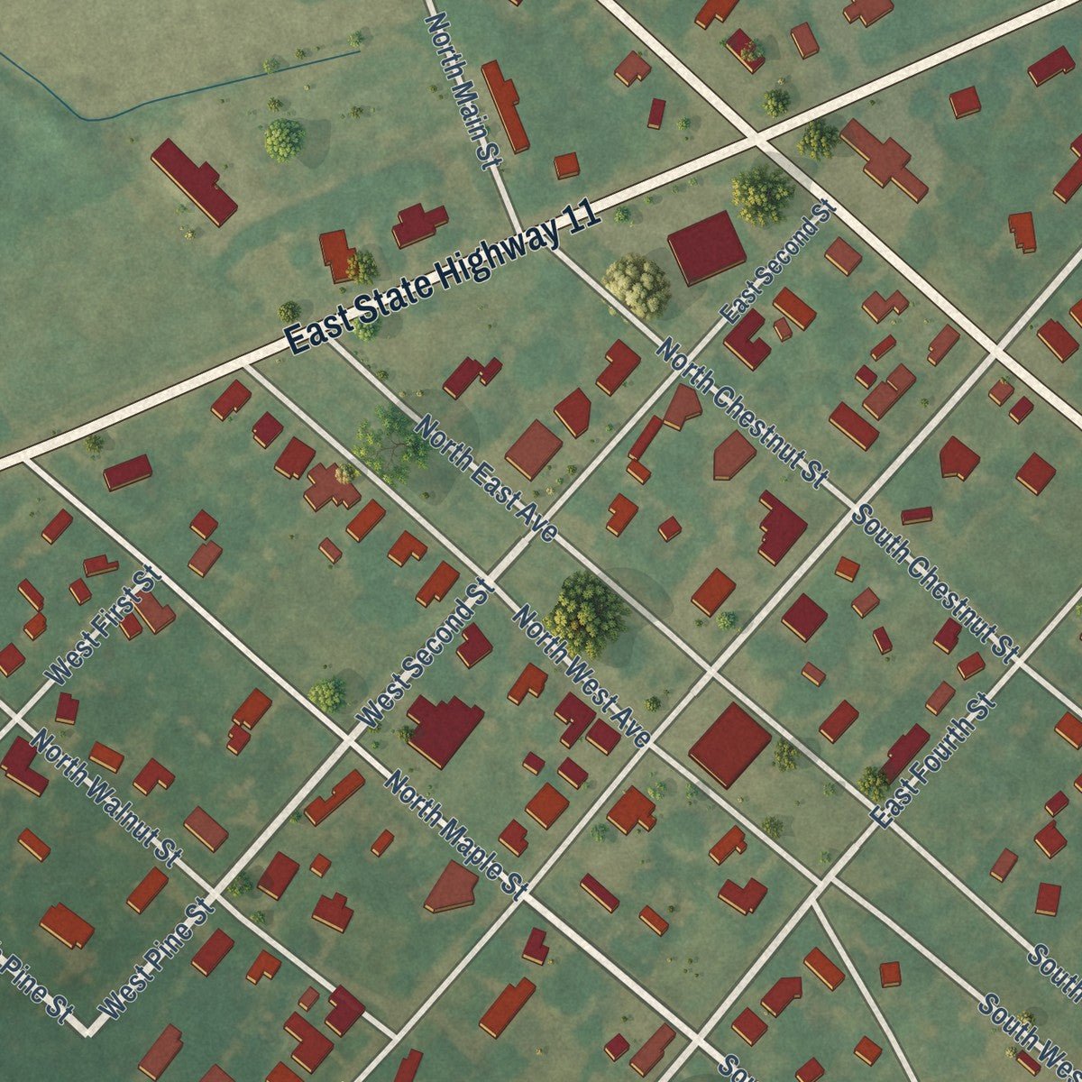 Close-up of the map of Oak City, North Carolina print showing street and building detail