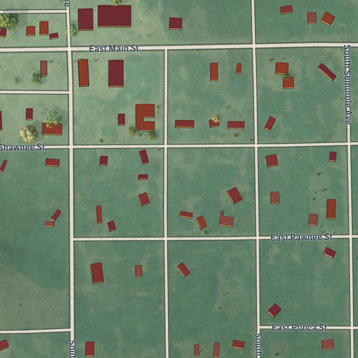 Close-up of the map of Mill Creek, Oklahoma print showing street and building detail